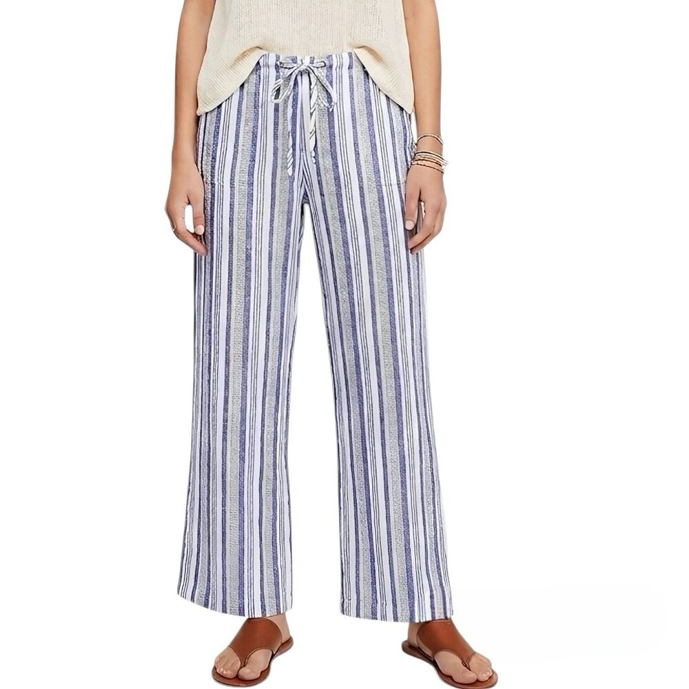 Just Living Linen Blend Wide Leg Pants Sz Large Blue White Striped Coastal Flaw